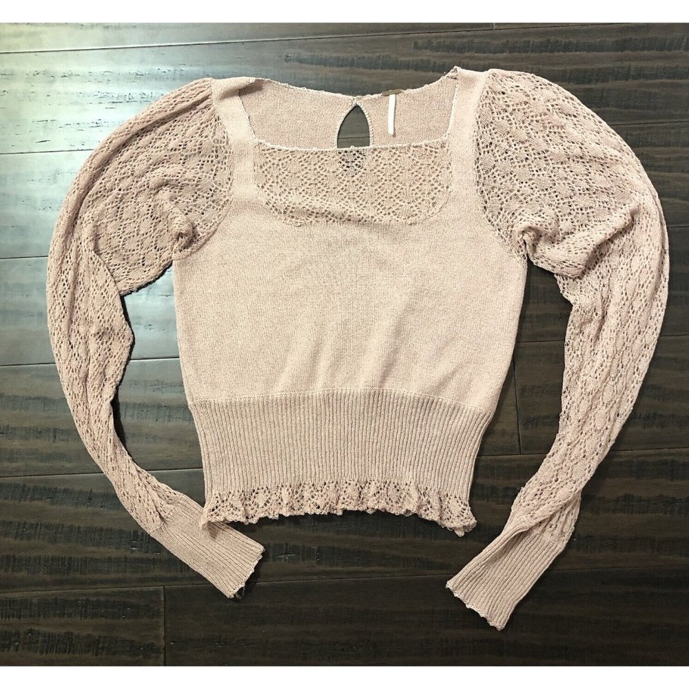 Free People Crochet Sleeve Sweater S Small Pink Mauve Open Knit Fitted Preppy